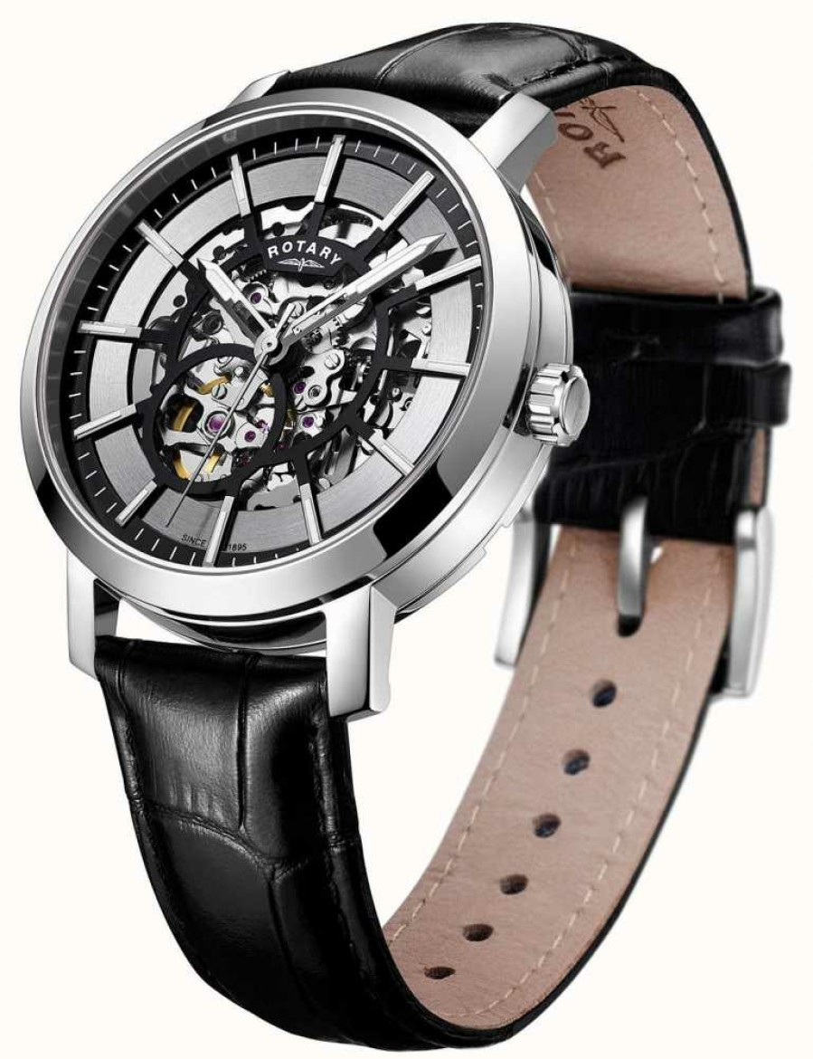 Men'S Rotary | Rotary Men'S Greenwich Black Leather Strap Skeleton Watch