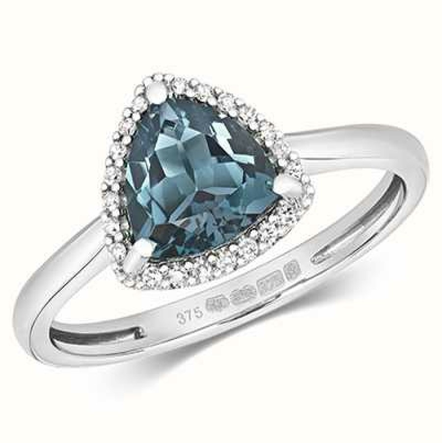 Jewelry James Moore | James Moore Th 9K White Gold Diamond London Blue Topaz Ring