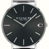 Men'S Coach | Coach Men'S Charles Silver Mesh Bracelet Black Dial