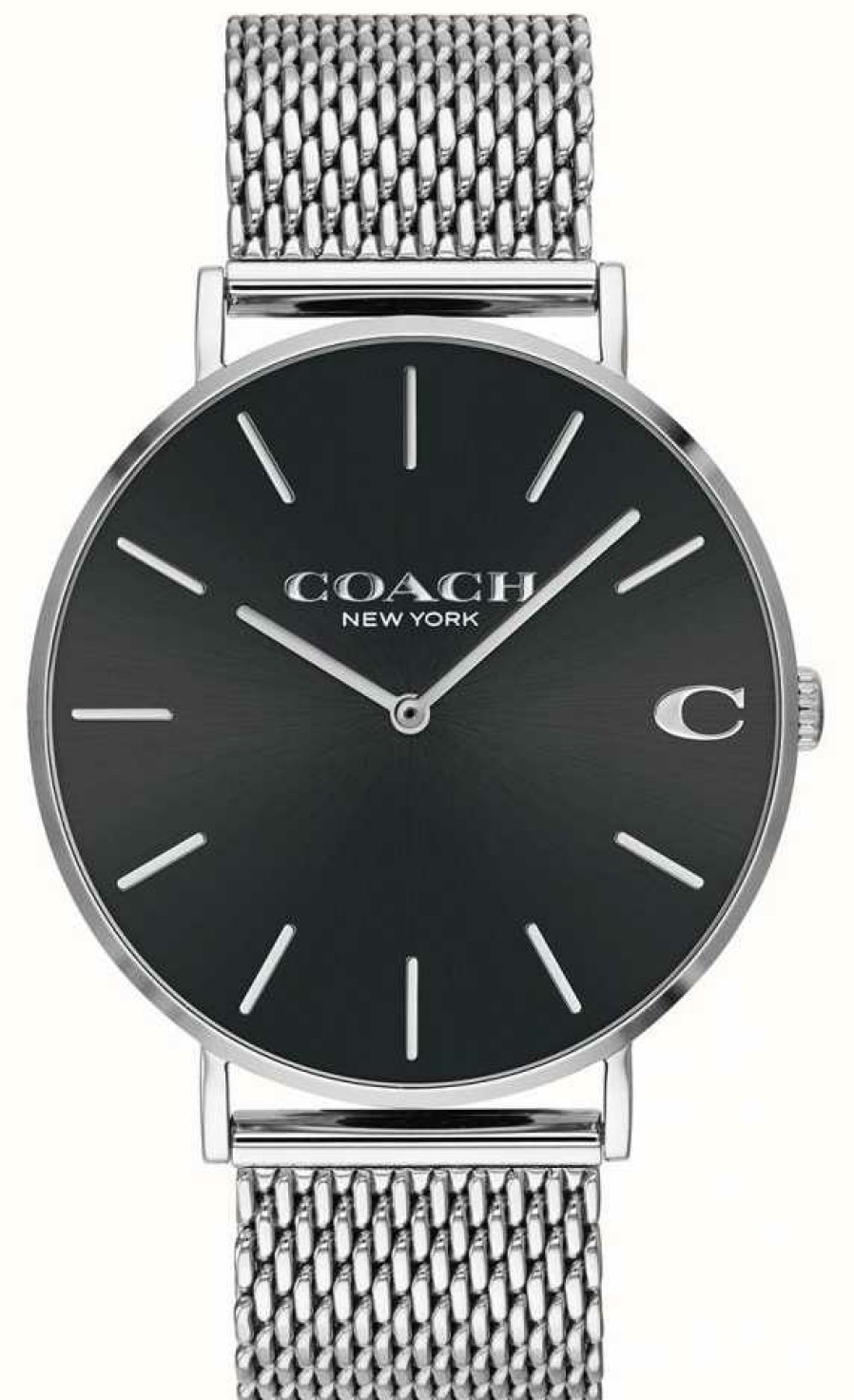 Men'S Coach | Coach Men'S Charles Silver Mesh Bracelet Black Dial