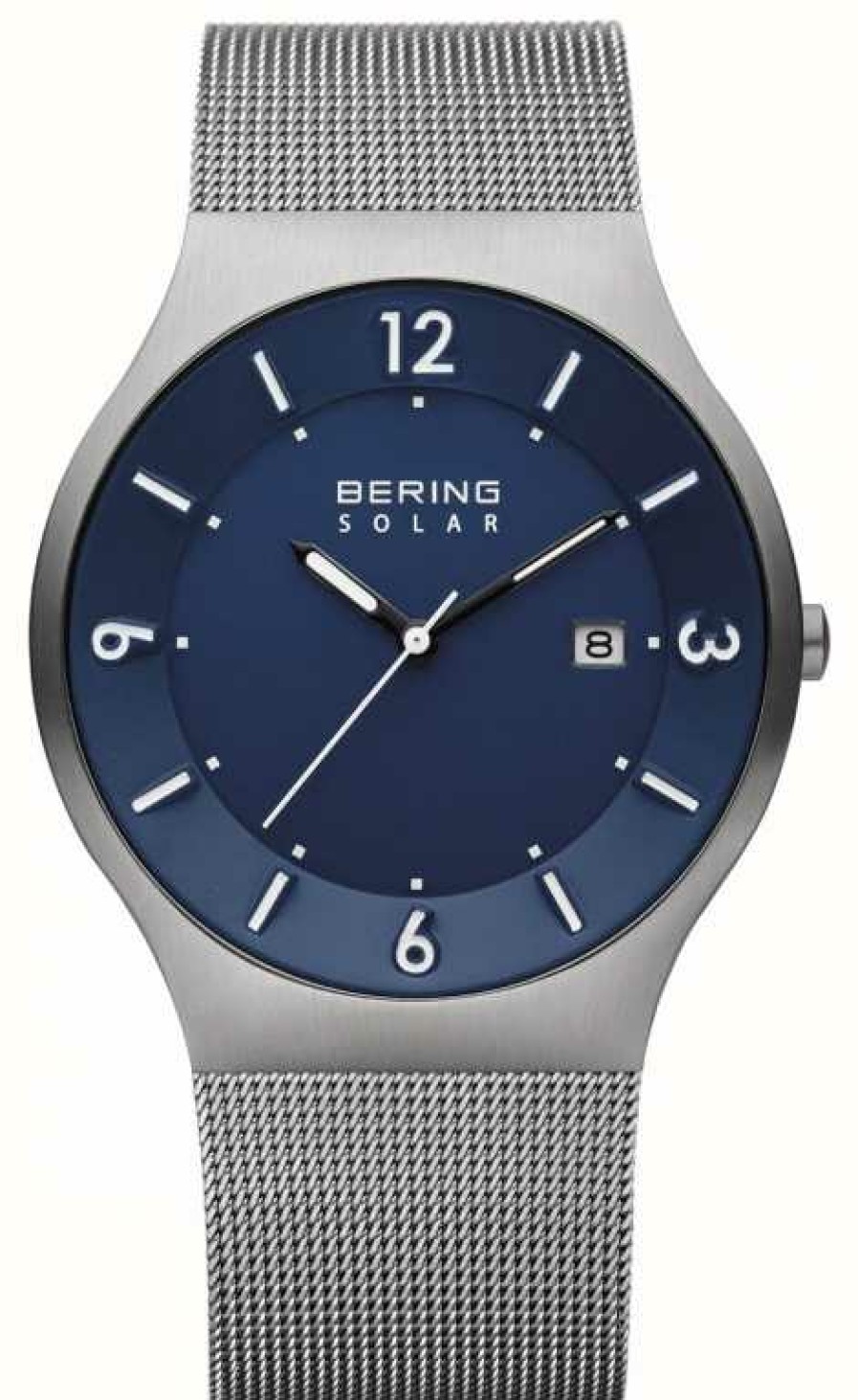 Men'S Bering | Bering Men'S Solar Blue Dial Grey Stainless Steel Mesh Strap