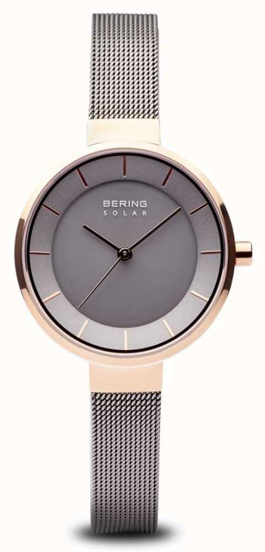 Women'S Bering | Bering Women'S Solar Rose Gold Case, Stainless Steel Mesh Strap