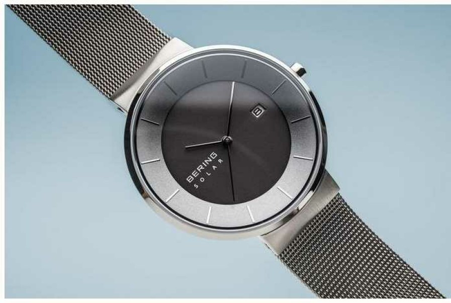 Men'S Bering | Bering Men'S Solar Watch, Silver Case, Stainless Steel Mesh Strap