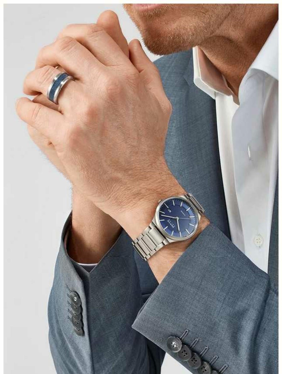 Men'S Bering | Bering Men'S Solar Blue Face Silver Titanium