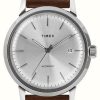 Men'S Timex | Timex Men'S Automatic Brown Leather Strap Silver Dial