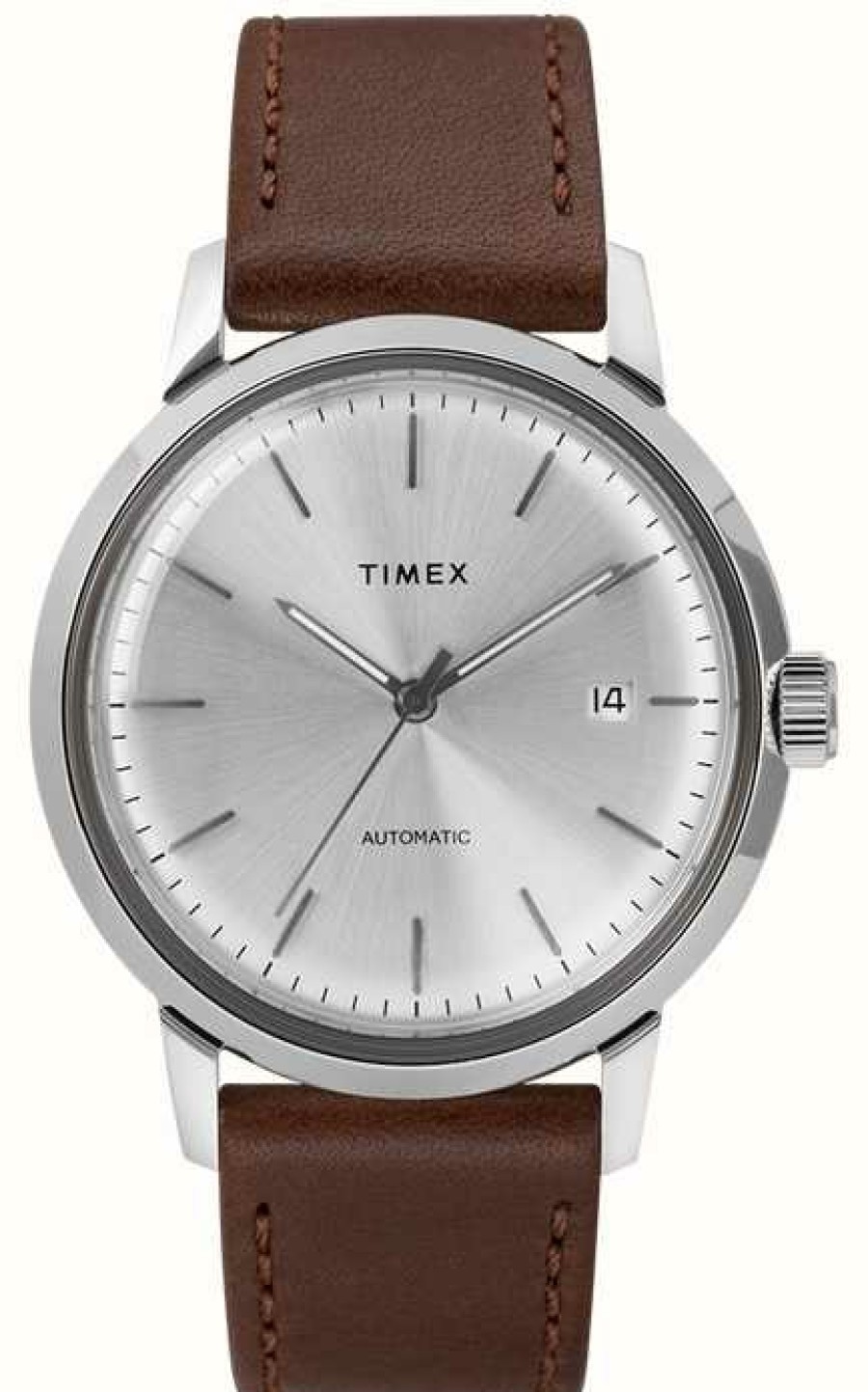 Men'S Timex | Timex Men'S Automatic Brown Leather Strap Silver Dial