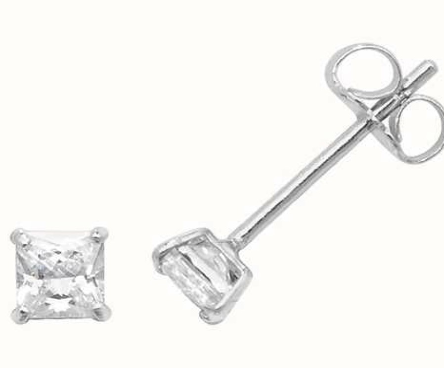 Jewelry James Moore | James Moore Th 9Ct White Gold Square Cubic Zirconia Stud Earrings