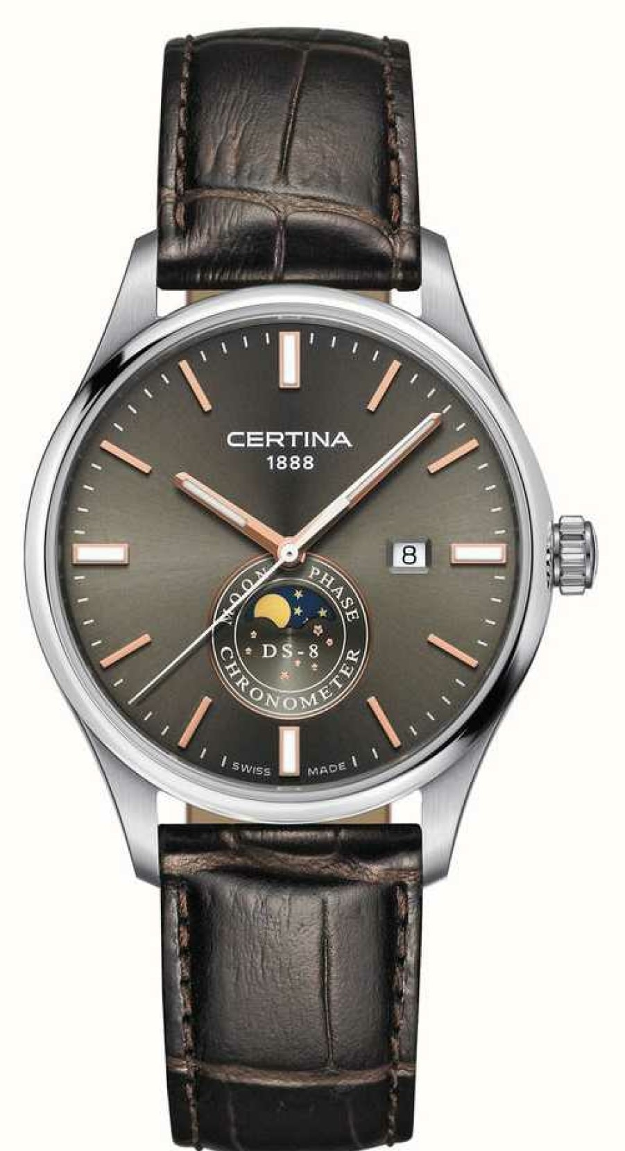 Men'S Certina | Certina Men'S | Ds 8 Chrono Moon Phase Brown Leather Strap Grey Dial