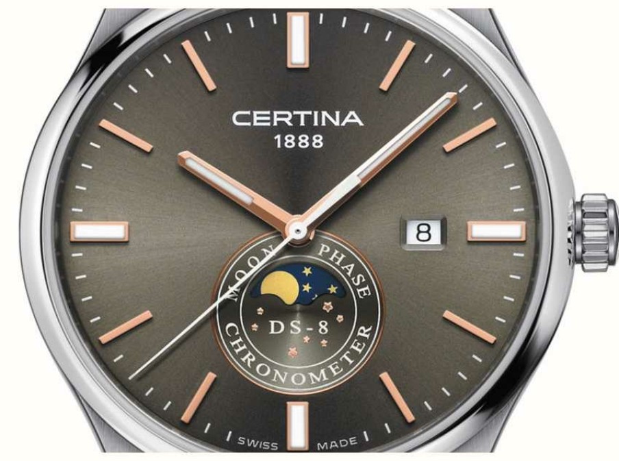 Men'S Certina | Certina Men'S | Ds 8 Chrono Moon Phase Brown Leather Strap Grey Dial