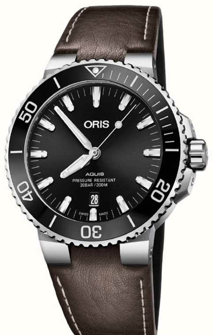 Men'S ORIS | Oris Aquis Date Automatic (43.5Mm) Black Dial / Brown Leather Strap