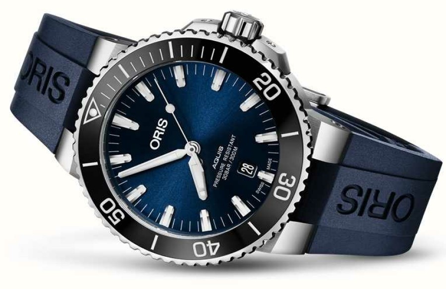 Men'S ORIS | Oris Aquis Date Automatic (43.5Mm) Blue Dial / Blue Rubber Strap