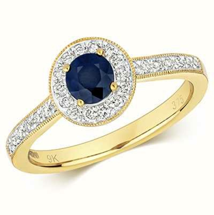 Jewelry James Moore | James Moore Th 9K Yellow Gold Round Sapphire Diamond Cluster Ring