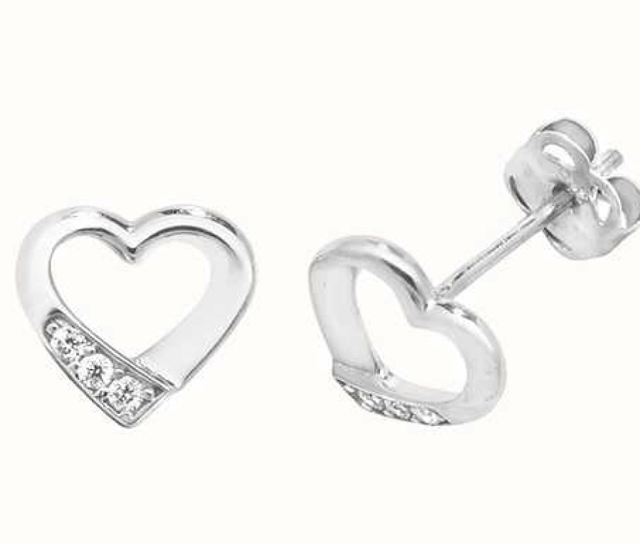 Jewelry James Moore | James Moore Th 9Ct White Gold Heart Cubic Zirconia Stud Earrings