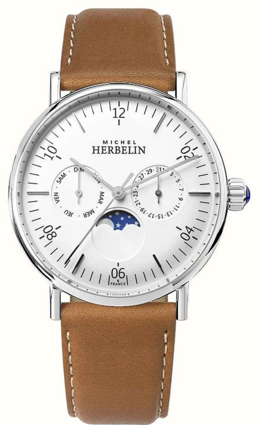 Men'S Herbelin | Herbelin Montre Inspiration Moonphase Brown Leather Strap White Dial