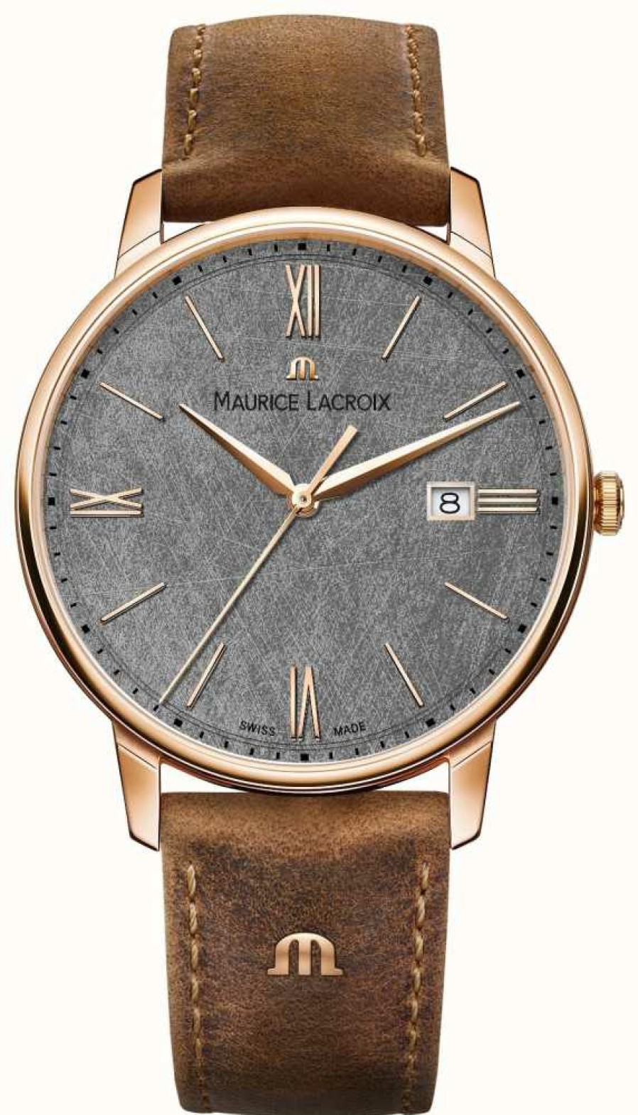 Men'S Maurice Lacroix | Maurice Lacroix Eliros Date Textured Dial Brown Leather Strap