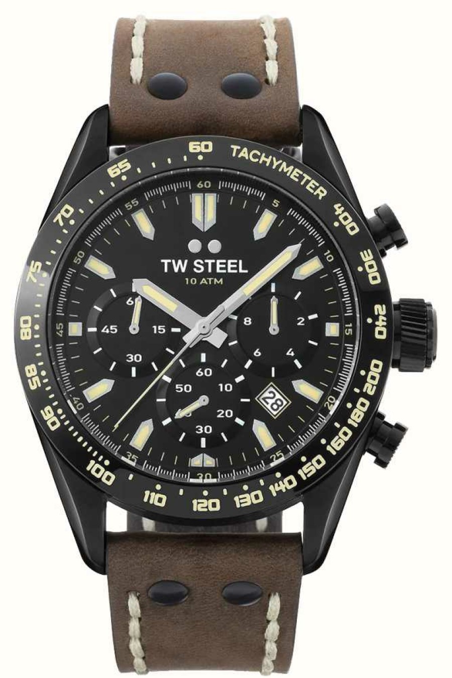 Men'S TW Steel | Tw Steel Chrono Sport (46Mm) Black Dial / Dark Brown Leather Strap