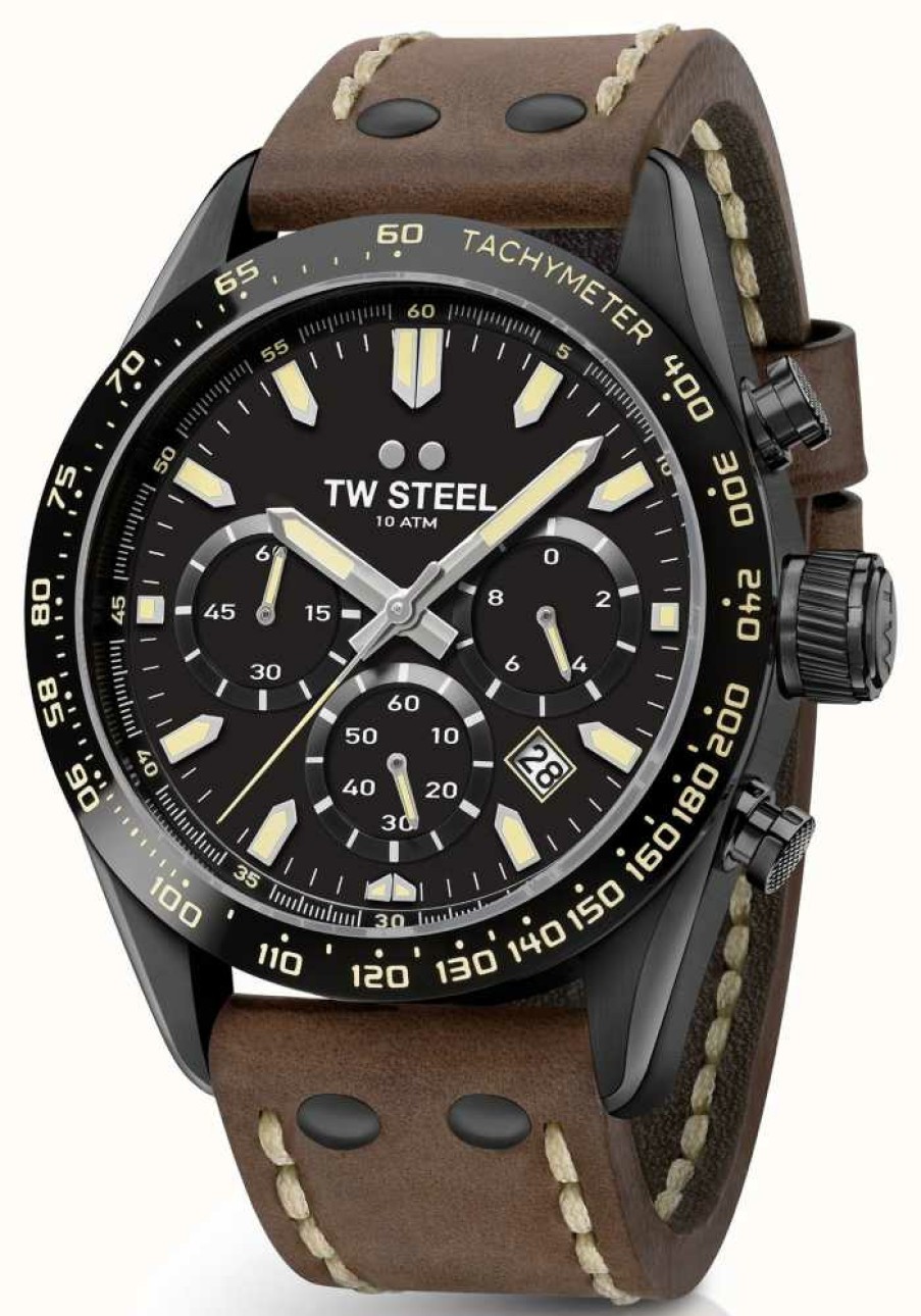 Men'S TW Steel | Tw Steel Chrono Sport (46Mm) Black Dial / Dark Brown Leather Strap