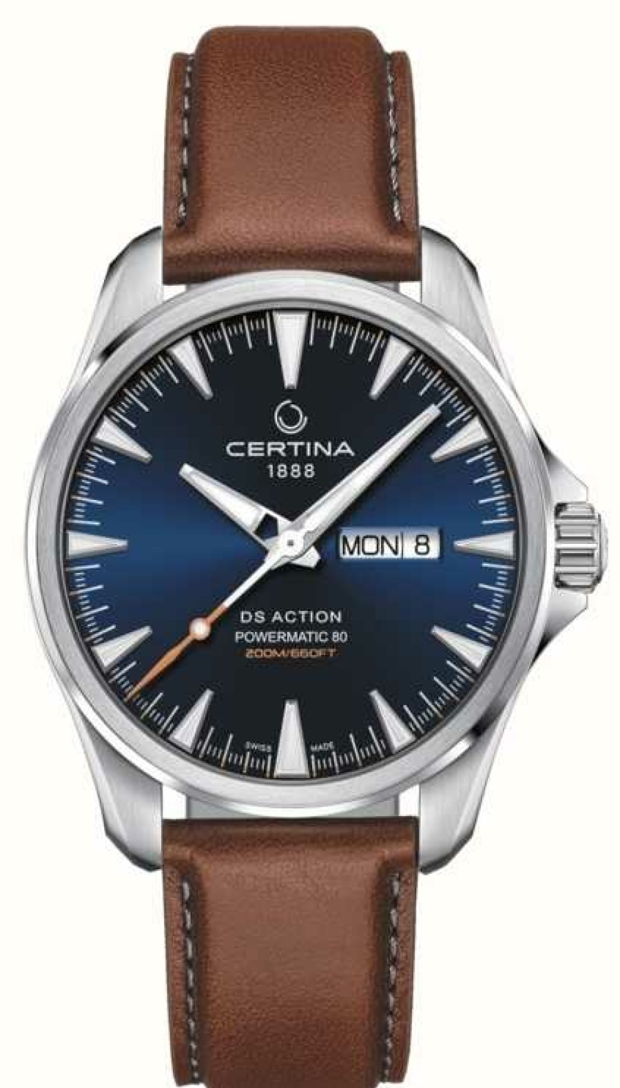 Men'S Certina | Certina | Ds Action Day-Date Powermatic 80| Blue Dial | Brown Strap