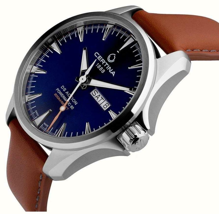 Men'S Certina | Certina | Ds Action Day-Date Powermatic 80| Blue Dial | Brown Strap