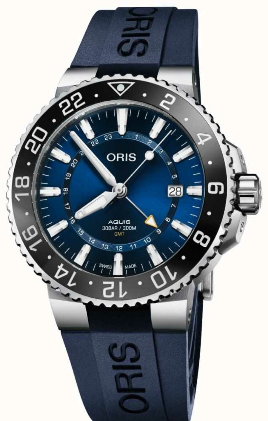 Men'S ORIS | Oris Aquis Gmt Date Automatic (43.5Mm) Blue Dial / Blue Rubber Strap