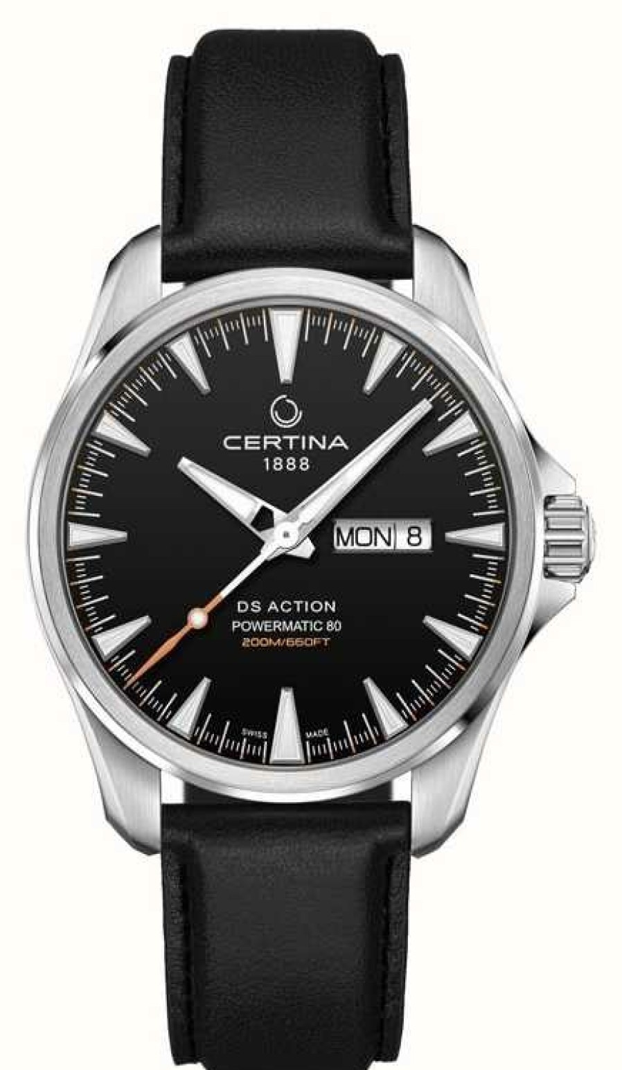 Men'S Certina | Certina | Ds Action Day-Date Powermatic 80 | Black Leather Strap