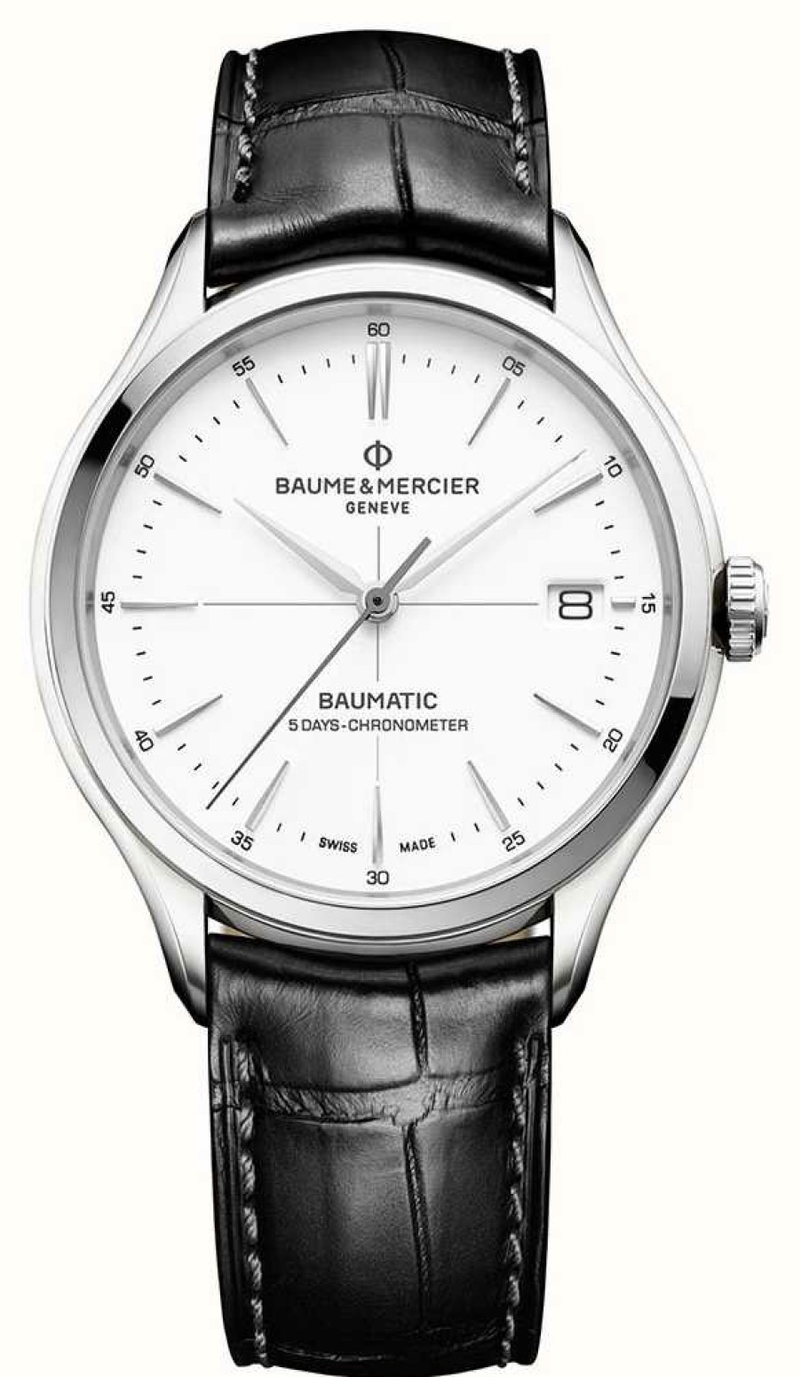 Men'S Baume & Mercier | Baume & Mercier | Men'S Clifton | Baumatic | Black Leather | White Dial