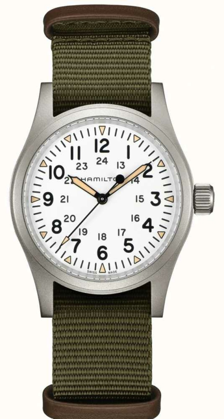 Men'S Hamilton | Hamilton Khaki Field Mechanical (38Mm) White Dial / Green Nato Strap