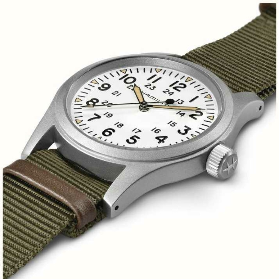 Men'S Hamilton | Hamilton Khaki Field Mechanical (38Mm) White Dial / Green Nato Strap