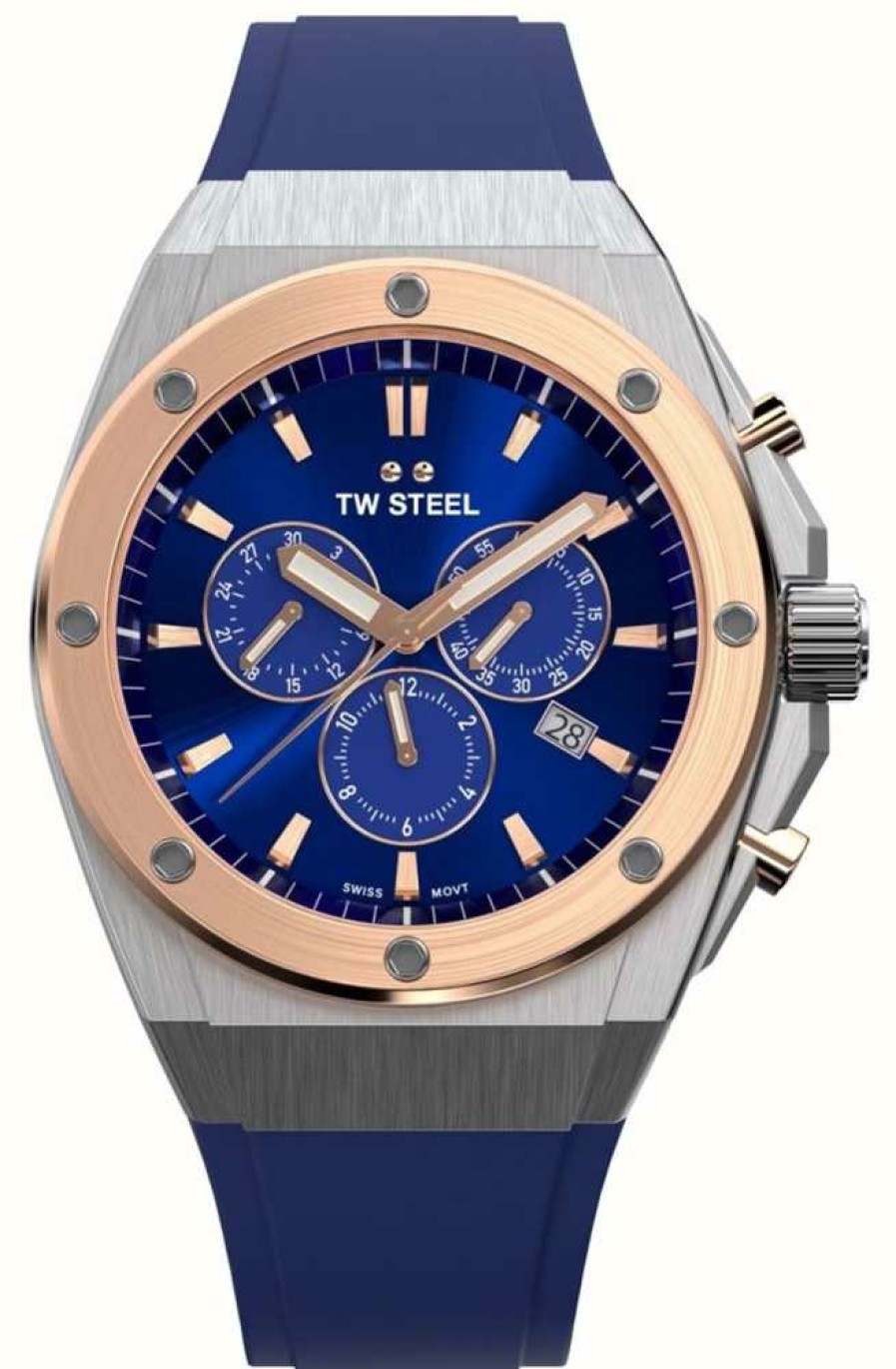 Men'S TW Steel | Tw Steel Ceo Tech Chronograph (44Mm) Blue Sunray Dial / Blue Silicone Strap