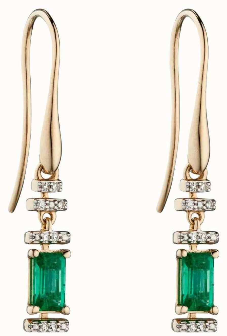 Jewelry Elements Gold | Elements Gold 9K Yellow Gold Emerald And Diamond Deco Drop Earrings