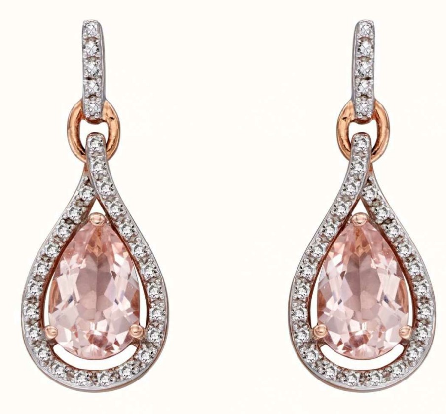 Jewelry Elements Gold | Elements Gold 9K Rose Gold Morganite And Diamond Teardrop Earrings