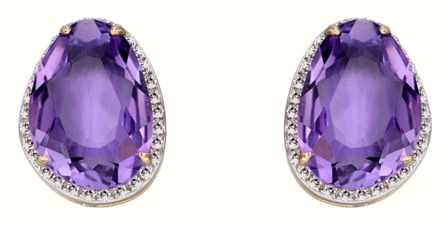 Jewelry Elements Gold | Elements Gold 9K Yellow Gold Amethyst Diamond Stud Earrings