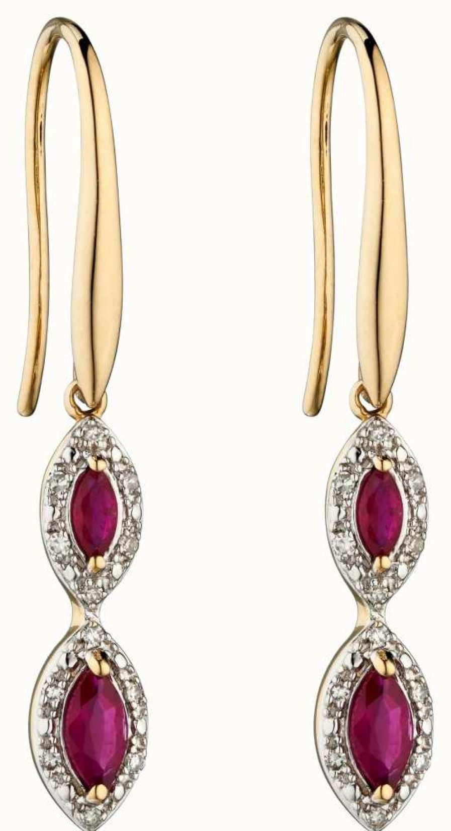 Jewelry Elements Gold | Elements Gold 9K Yellow Gold Ruby And Marquise Diamond Drop Earrings