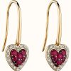 Jewelry Elements Gold | Elements Gold 9K Yellow Gold Ruby And Diamond Heart Drop Earrings