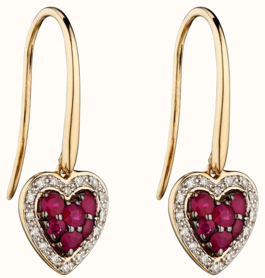 Jewelry Elements Gold | Elements Gold 9K Yellow Gold Ruby And Diamond Heart Drop Earrings