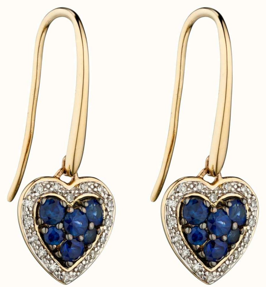 Jewelry Elements Gold | Elements Gold 9K Yellow Gold Sapphire And Diamond Heart Drop Earrings