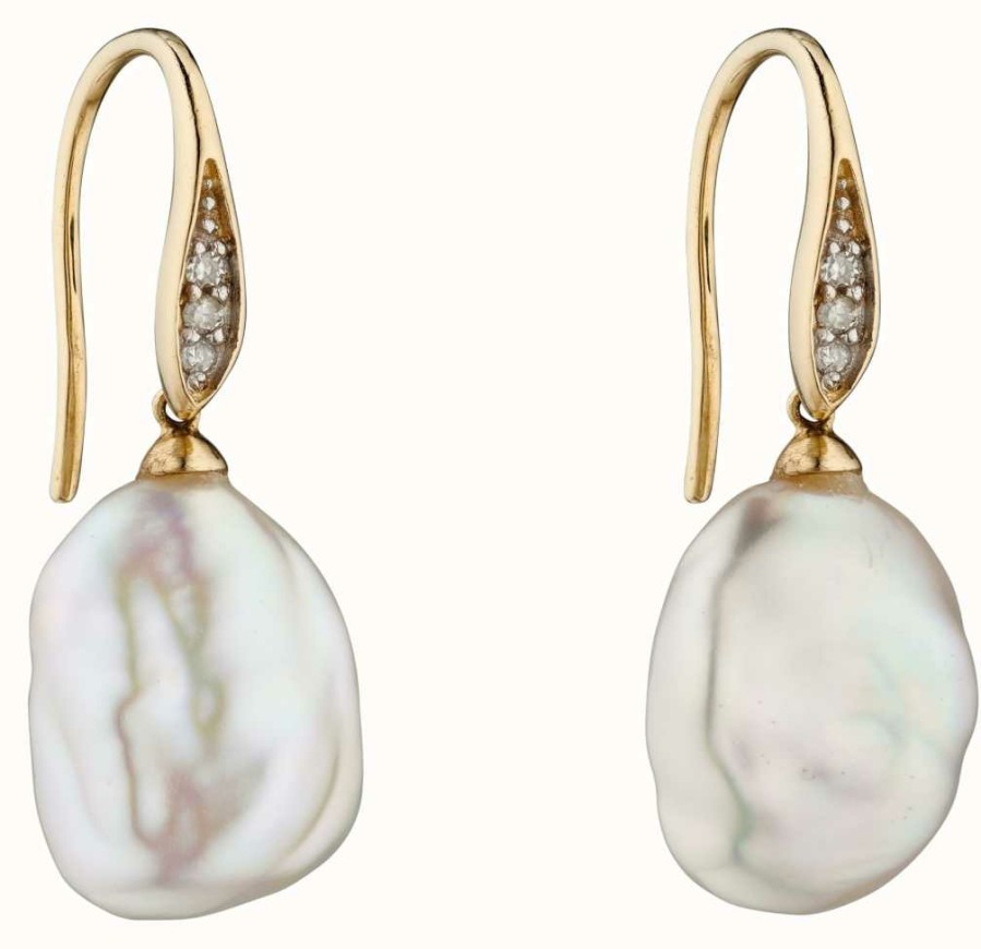 Jewelry Elements Gold | Elements Gold 9K Yellow Gold Baroque Pearl And Diamond Drop Earrings