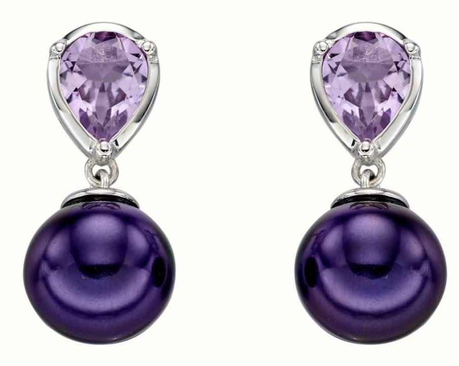 Jewelry Elements Gold | Elements Gold 9K White Gold Amethyst And Peacock Pearl Drop Earrings