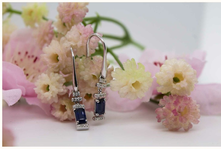 Jewelry Elements Gold | Elements Gold 9K White Gold Sapphire Diamond Deco Drop Earrings