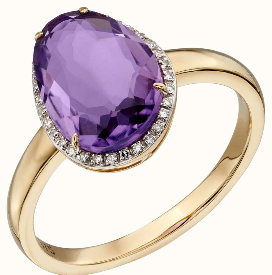 Jewelry Elements Gold | Elements Gold 9K Yellow Gold Amethyst Diamond Ring