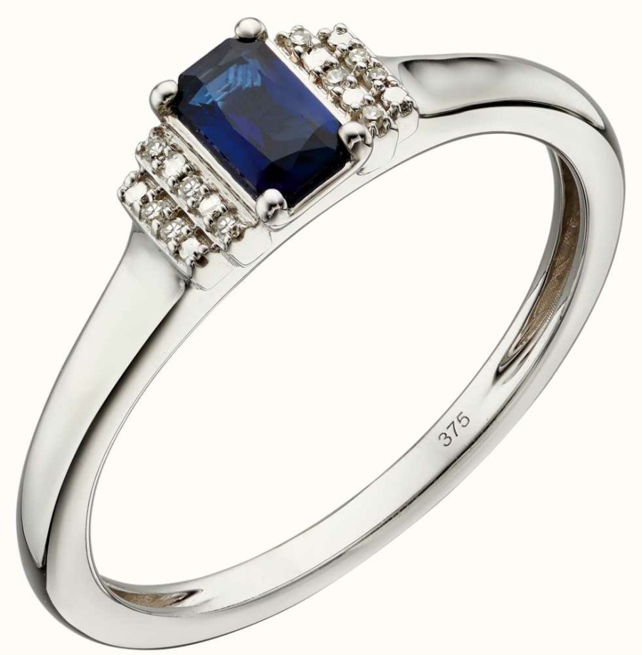 Jewelry Elements Gold | Elements Gold 9K White Gold Sapphire And Diamond Deco Ring