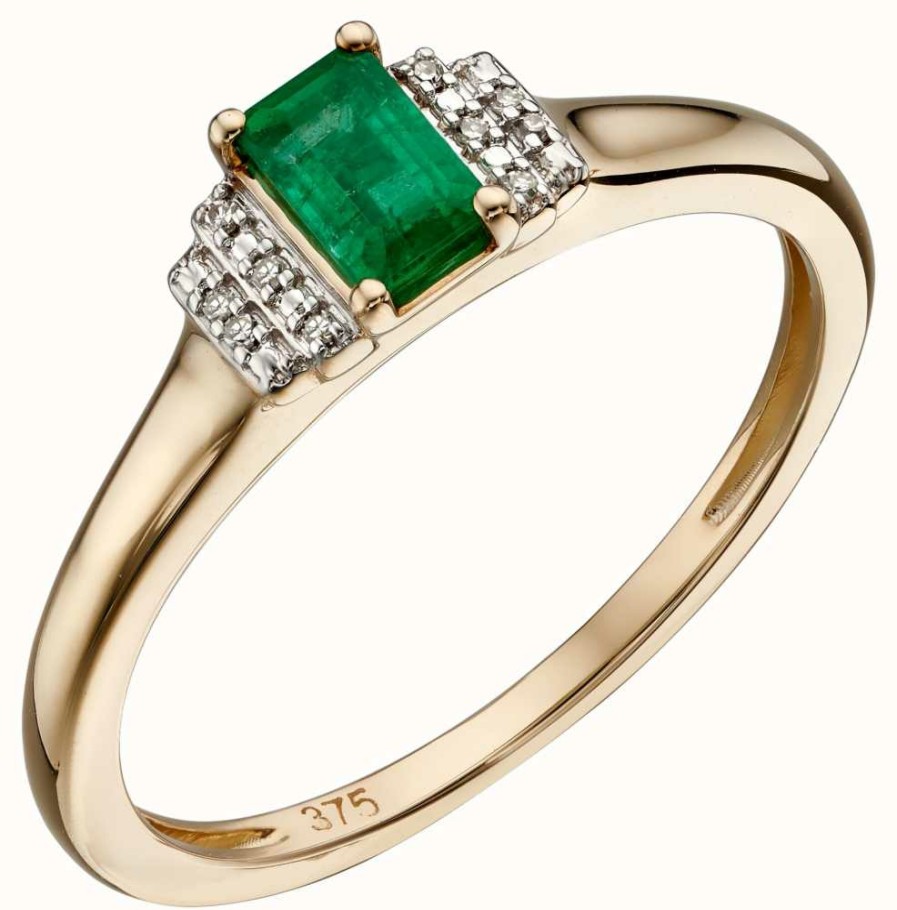 Jewelry James Moore | Elements Gold 9Ct Yellow Gold Emerald Diamond Deco Ring