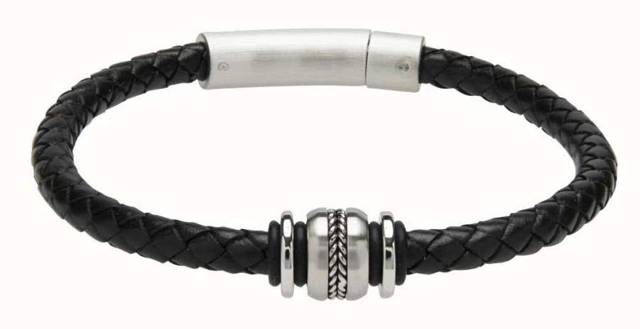 Jewelry Unique & Co | Unique & Co Black Leather | Matte Steel Clasp | Bracelet