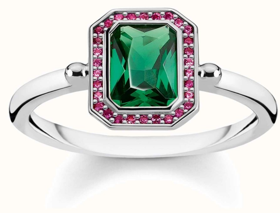 Jewelry Thomas Sabo Jewellery | Thomas Sabo 925 Sterling Silver Blackened Ring, Green Stone Size Eu 54 (Uk N)