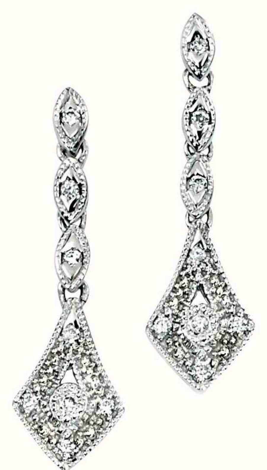 Jewelry Elements Gold | Elements Gold 9Ct White Gold Diamond Vintage Drop Earrings