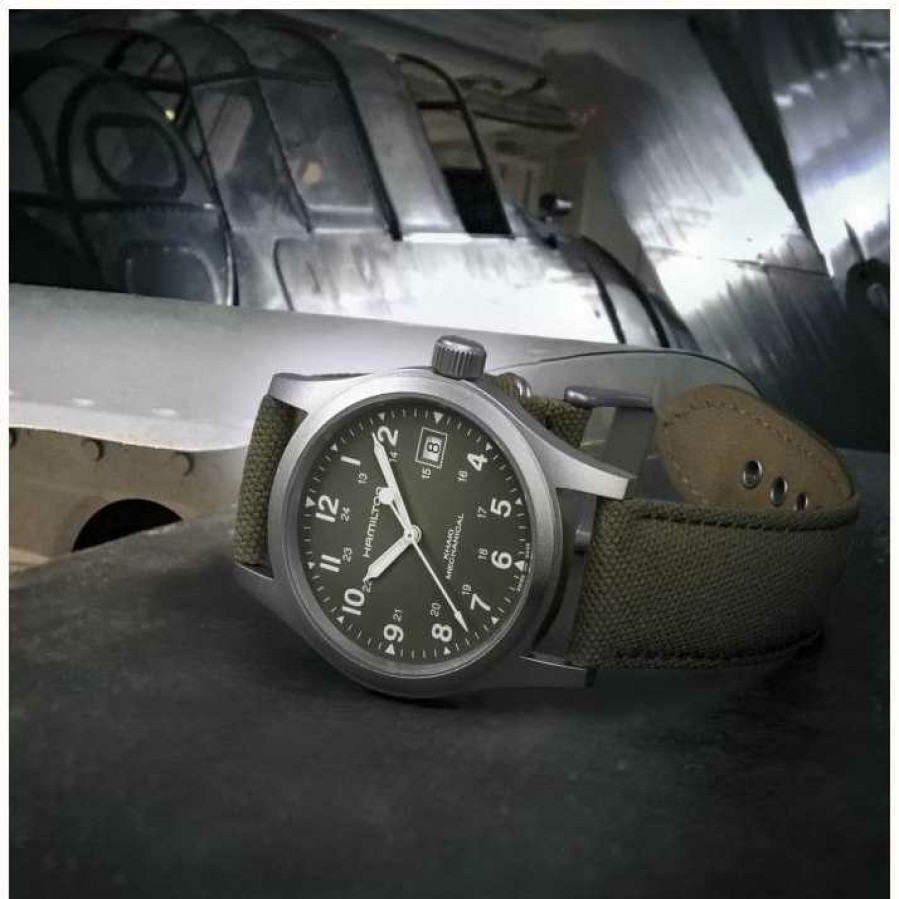 Men'S Hamilton | Hamilton Khaki Field Officer Mechanical *Pearl Harbour - 2001* (38Mm) Green Dial / Green Canvas Strap