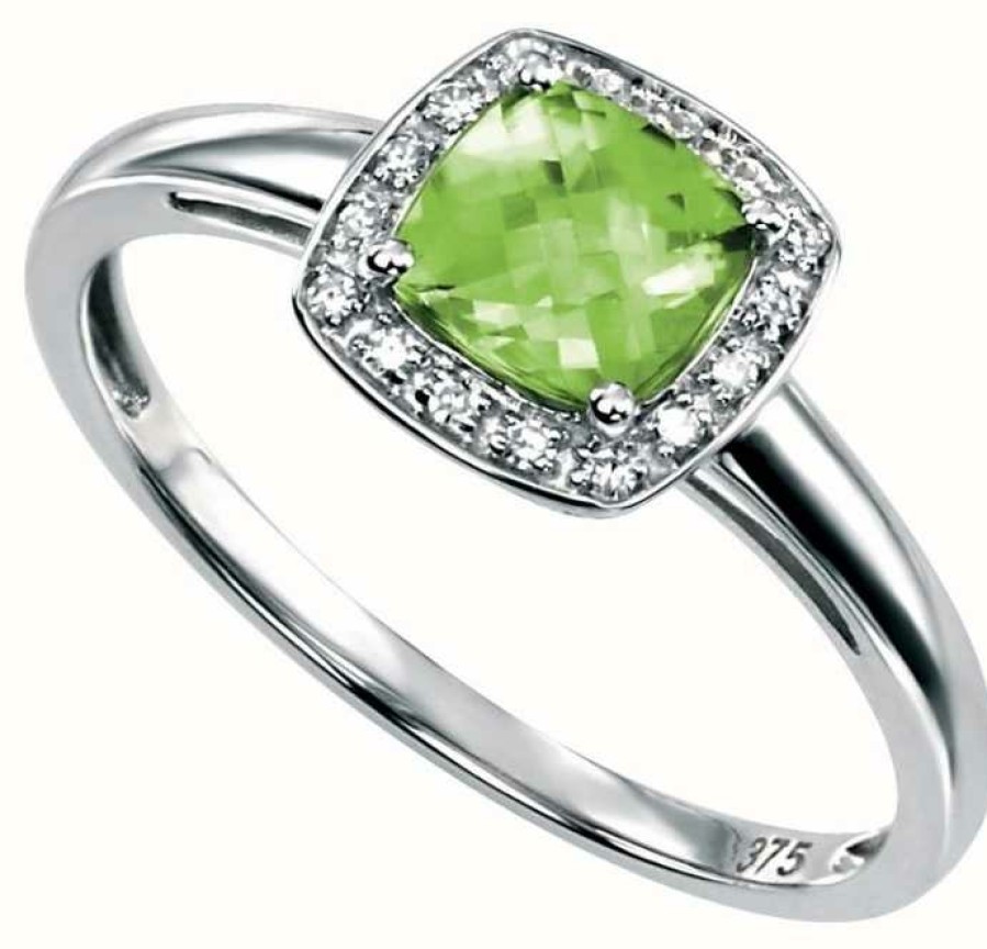 Jewelry Elements Gold | Elements Gold 9Ct W/G Peridot Diamond Square Ring