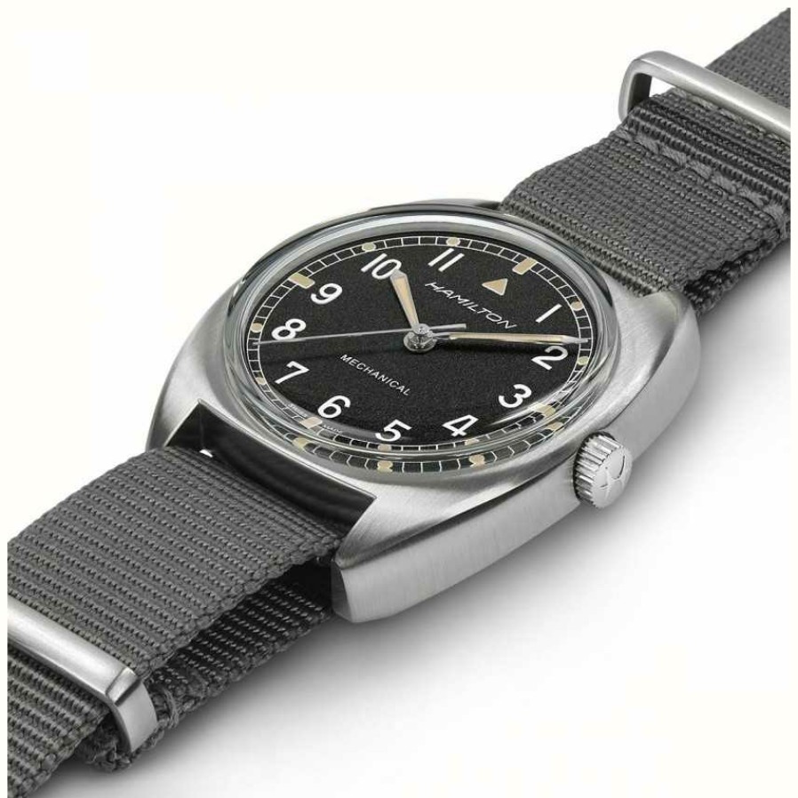 Men'S Hamilton | Hamilton Khaki Aviation Raf Pilot Pioneer Mechanical (36Mm) Black Dial / Grey Nato Strap