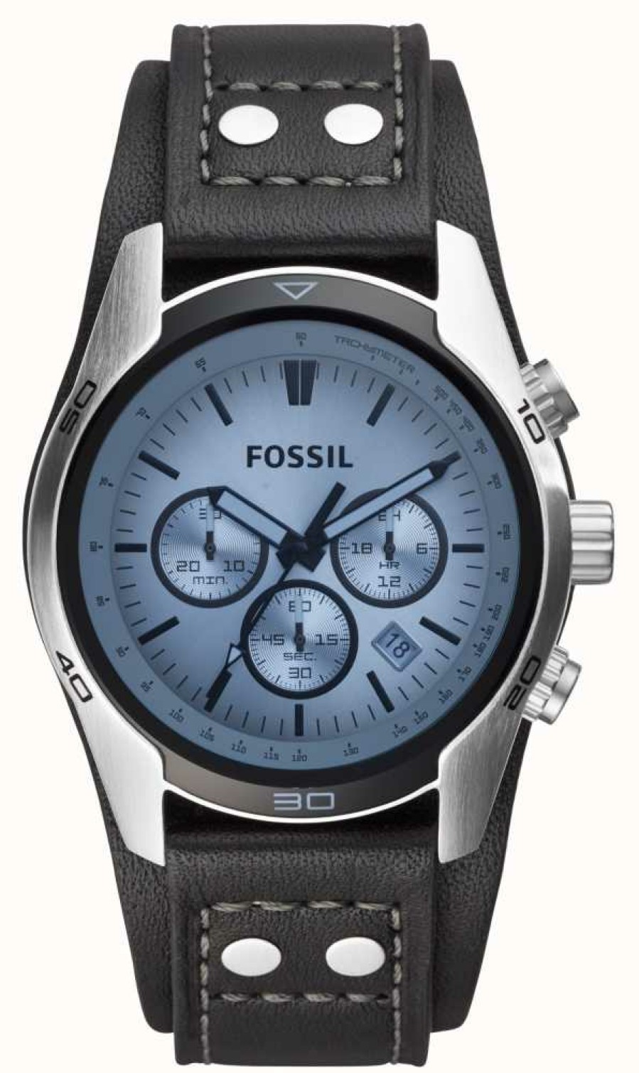 Men'S Fossil | Fossil Men'S Coachman | Blue Chronograph Dial | Black Leather Strap