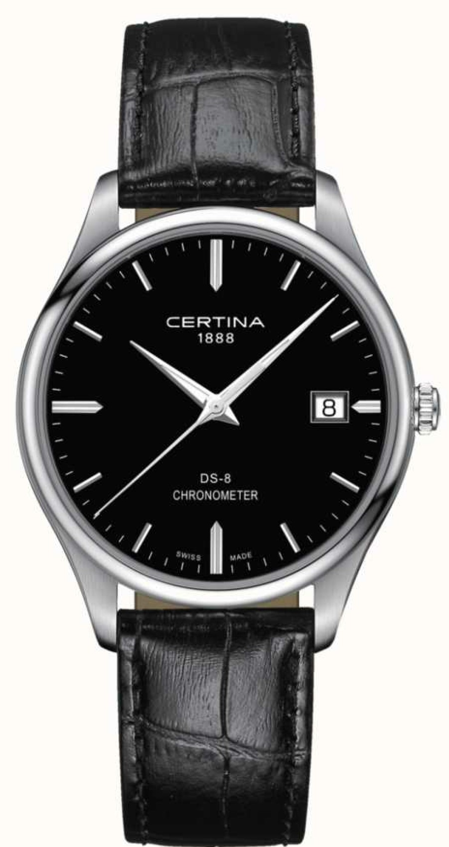 Men'S Certina | Certina Ds-8 Chronometer | Black Leather Strap | Black Dial